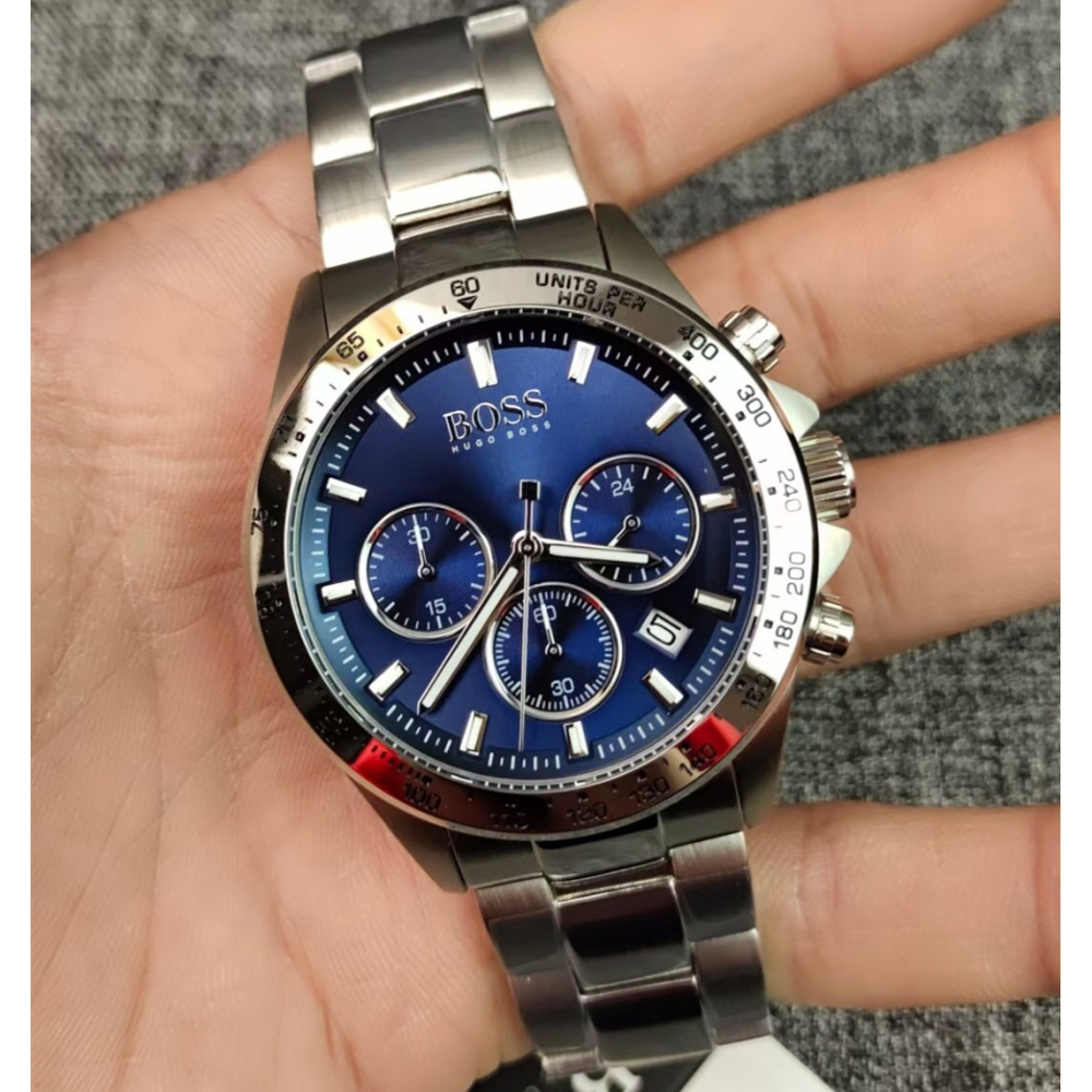 HUGO BOSS手錶 新品男生石英錶 三眼計時日曆防水男錶 大直徑銀色藍面鋼鏈錶 時尚潮流商務休閒男士腕錶151375-細節圖7