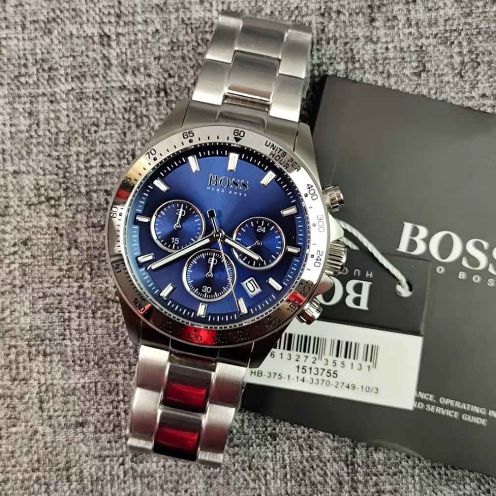 HUGO BOSS手錶 新品男生石英錶 三眼計時日曆防水男錶 大直徑銀色藍面鋼鏈錶 時尚潮流商務休閒男士腕錶151375-細節圖8