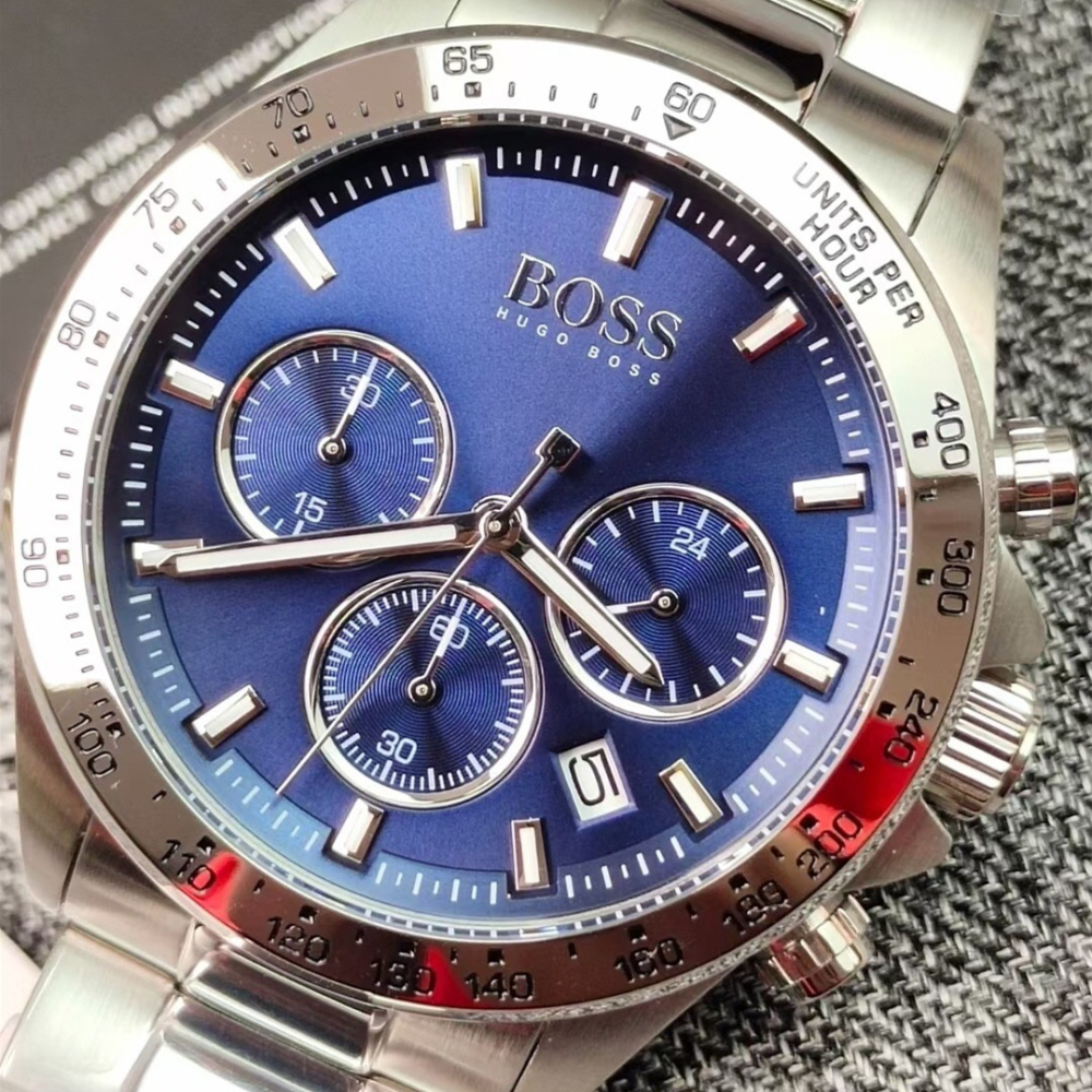 HUGO BOSS手錶 新品男生石英錶 三眼計時日曆防水男錶 大直徑銀色藍面鋼鏈錶 時尚潮流商務休閒男士腕錶151375-細節圖9