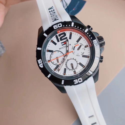 代購Tommy Hilfiger手錶 美國多功能白色橡膠錶帶石英錶 三眼計時防水男錶 學生手錶男 大直徑休閒腕錶