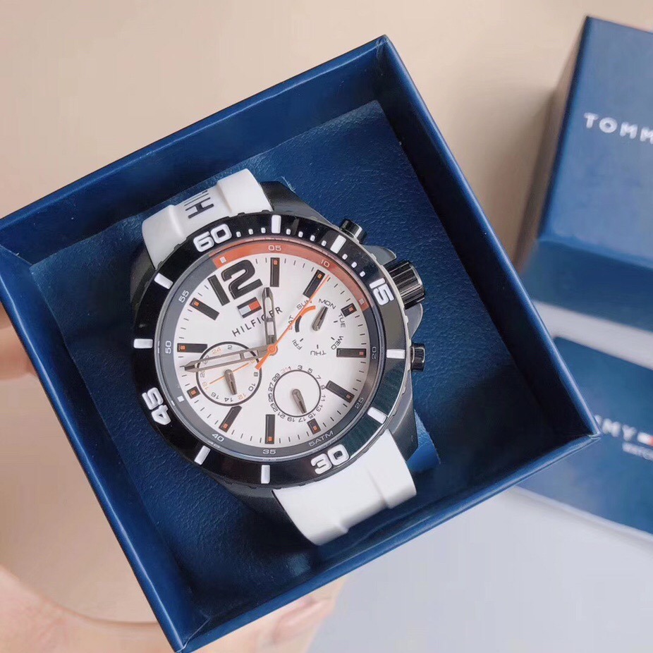 代購Tommy Hilfiger手錶 美國多功能白色橡膠錶帶石英錶 三眼計時防水男錶 學生手錶男 大直徑休閒腕錶-細節圖2