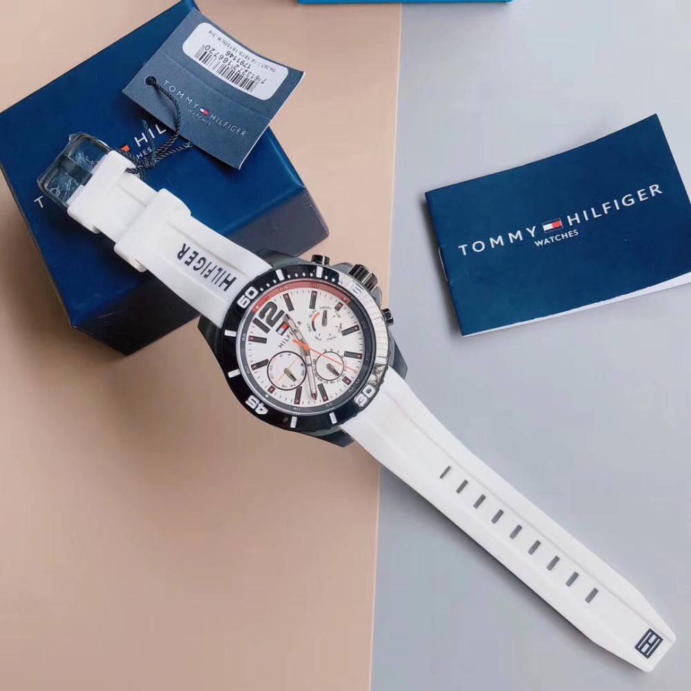 代購Tommy Hilfiger手錶 美國多功能白色橡膠錶帶石英錶 三眼計時防水男錶 學生手錶男 大直徑休閒腕錶-細節圖3