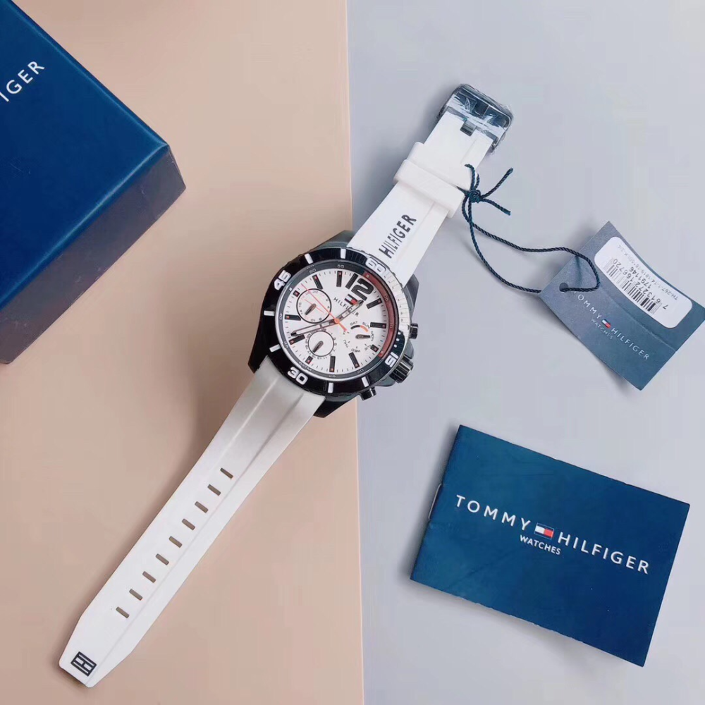 代購Tommy Hilfiger手錶 美國多功能白色橡膠錶帶石英錶 三眼計時防水男錶 學生手錶男 大直徑休閒腕錶-細節圖4
