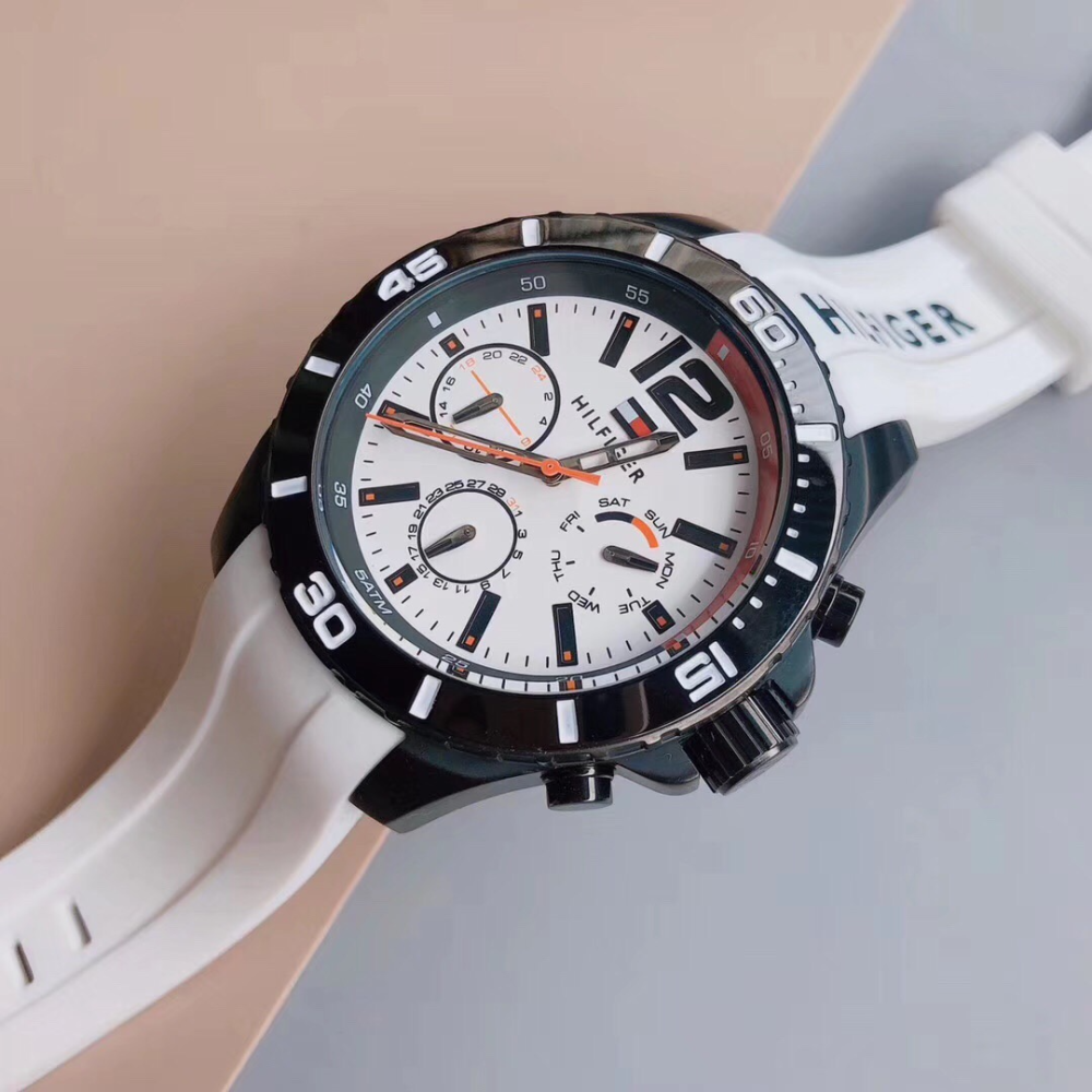 代購Tommy Hilfiger手錶 美國多功能白色橡膠錶帶石英錶 三眼計時防水男錶 學生手錶男 大直徑休閒腕錶-細節圖5