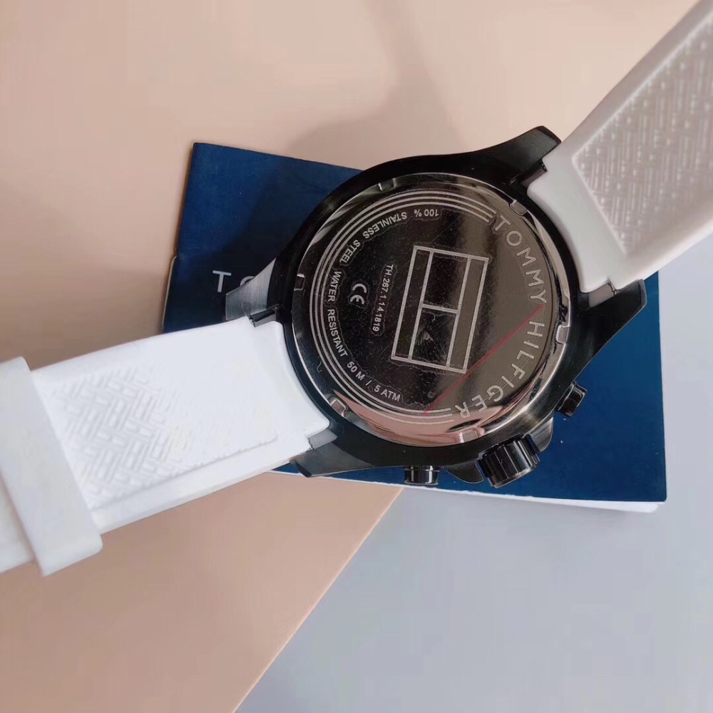 代購Tommy Hilfiger手錶 美國多功能白色橡膠錶帶石英錶 三眼計時防水男錶 學生手錶男 大直徑休閒腕錶-細節圖7