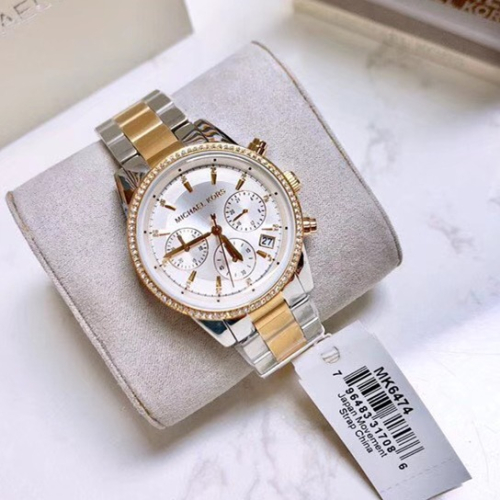 MICHAEL KORS手錶 MK手錶女生 MK6474新品大直徑鑲鑽三眼計時石英錶 日曆防水女生腕錶 間金色鋼鏈錶 時