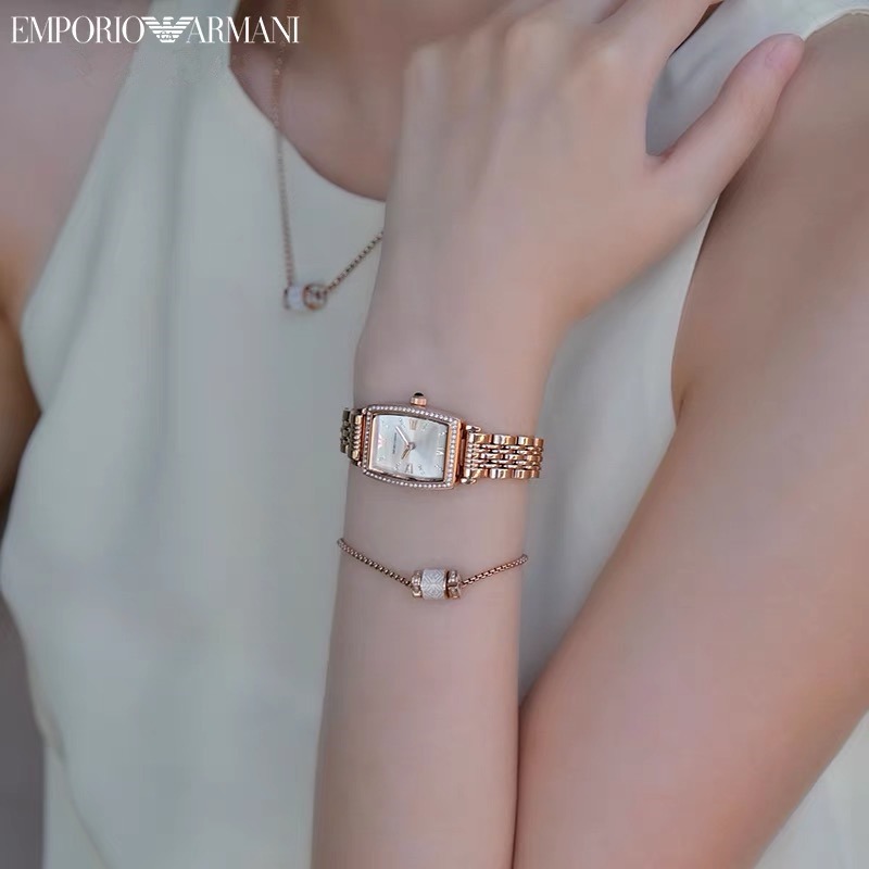 Armani手錶女生 新品阿曼尼手錶AR11405 AR11406 方形鑲鑽石英錶 玫瑰金色鋼鏈女錶 氣質時尚百搭女生腕-細節圖5