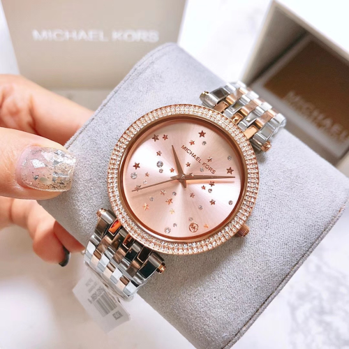 Michael Kors手錶 新品滿天星鑲鑽女生石英錶 星空錶面時尚間金色鋼鏈錶 時尚女錶 簡約超薄女生腕錶MK3726