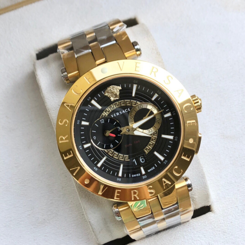 Versace手錶 VEVI系列男士瑞士石英錶 VEBV00619 大直徑46mm男錶 高檔商務通勤男生腕錶 防水日曆