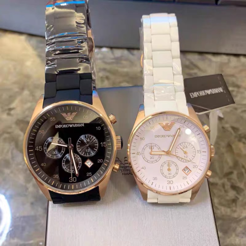 Armani手錶 AR5905 AR5906男女情侶對錶 黑色白色時尚運動石英錶 商務休閒男錶女錶 三眼計時日曆防水腕錶