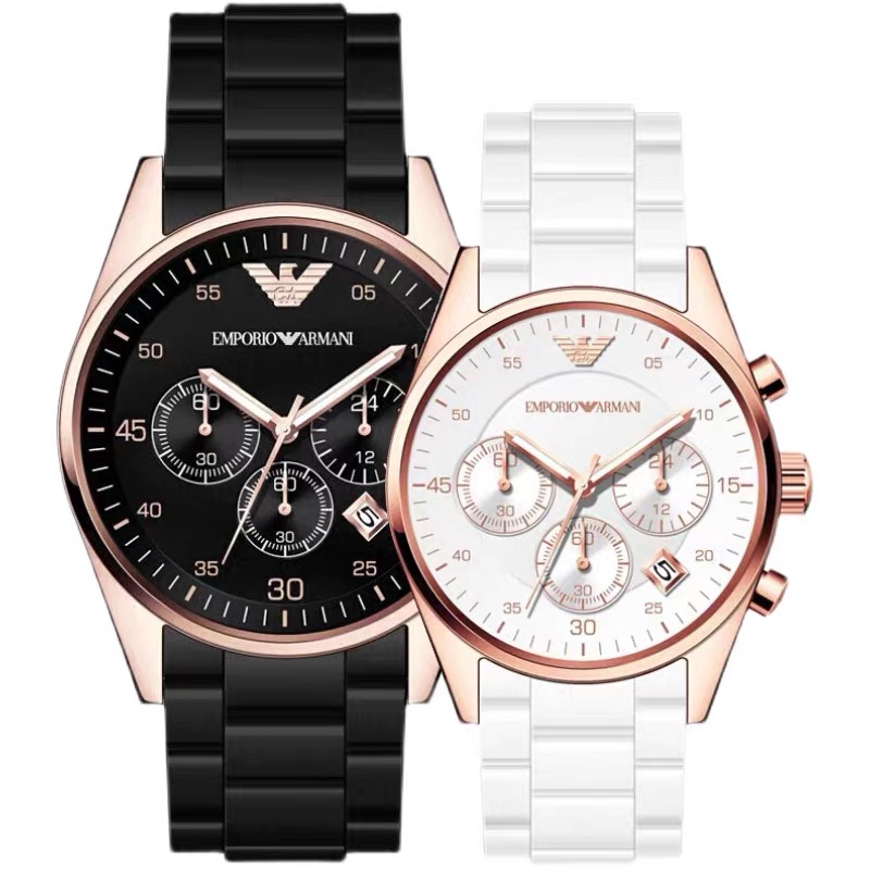 Armani手錶 AR5905 AR5906男女情侶對錶 黑色白色時尚運動石英錶 商務休閒男錶女錶 三眼計時日曆防水腕錶-細節圖2
