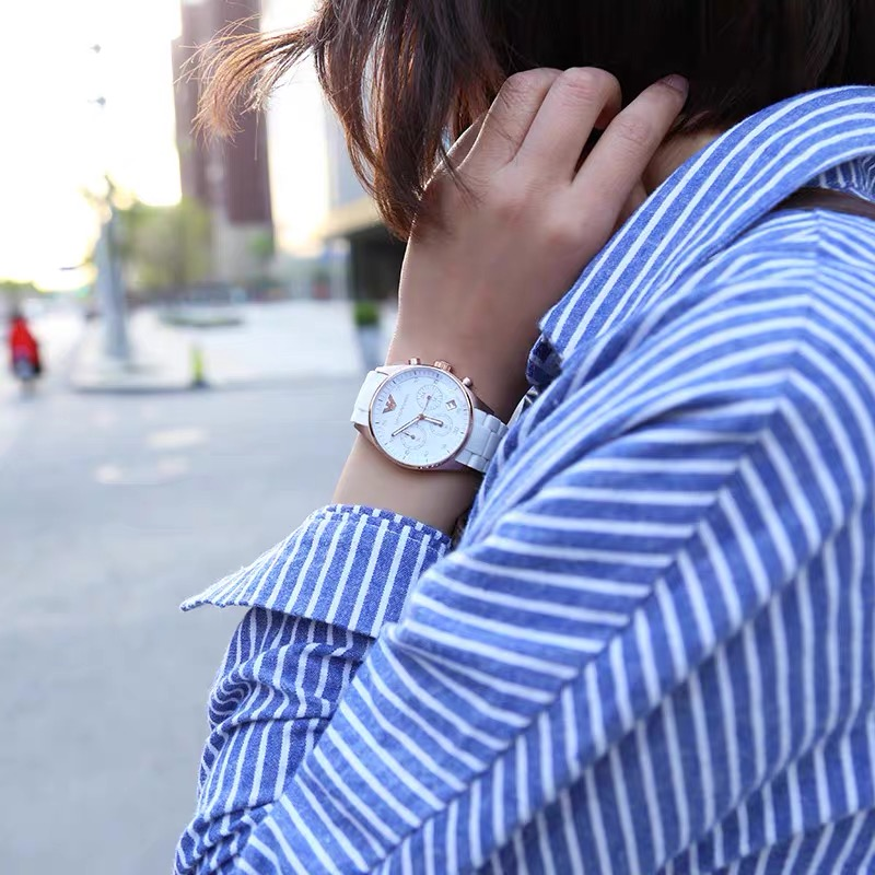 Armani手錶 AR5905 AR5906男女情侶對錶 黑色白色時尚運動石英錶 商務休閒男錶女錶 三眼計時日曆防水腕錶-細節圖5