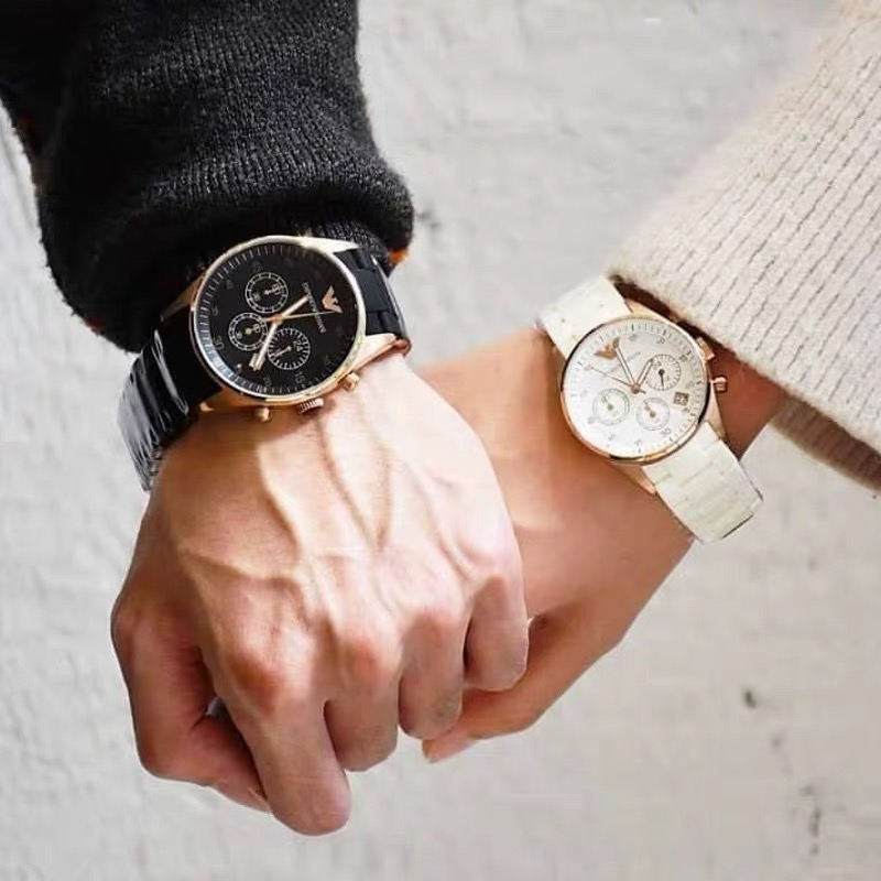 Armani手錶 AR5905 AR5906男女情侶對錶 黑色白色時尚運動石英錶 商務休閒男錶女錶 三眼計時日曆防水腕錶-細節圖7