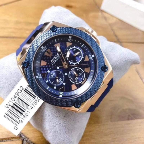 Guess手錶男 蓋爾斯男士腕錶 藍色橡膠錶帶石英錶 三眼日曆休閒運動防水男錶 大直徑時尚商務通勤手錶W1049G2