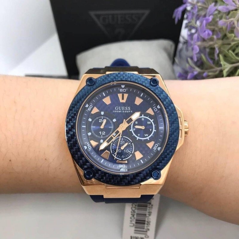 Guess手錶男 蓋爾斯男士腕錶 藍色橡膠錶帶石英錶 三眼日曆休閒運動防水男錶 大直徑時尚商務通勤手錶W1049G2-細節圖3