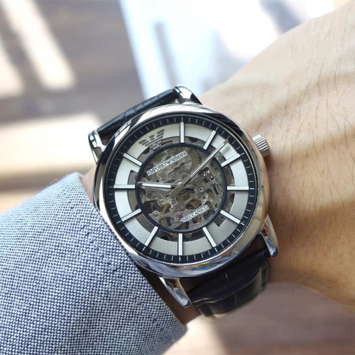 Armani手錶 亞曼尼手錶男生 AR1981銀色鏤空透視機械錶 全自動機械男錶 商務休閒皮帶錶 大直徑時尚男生腕錶
