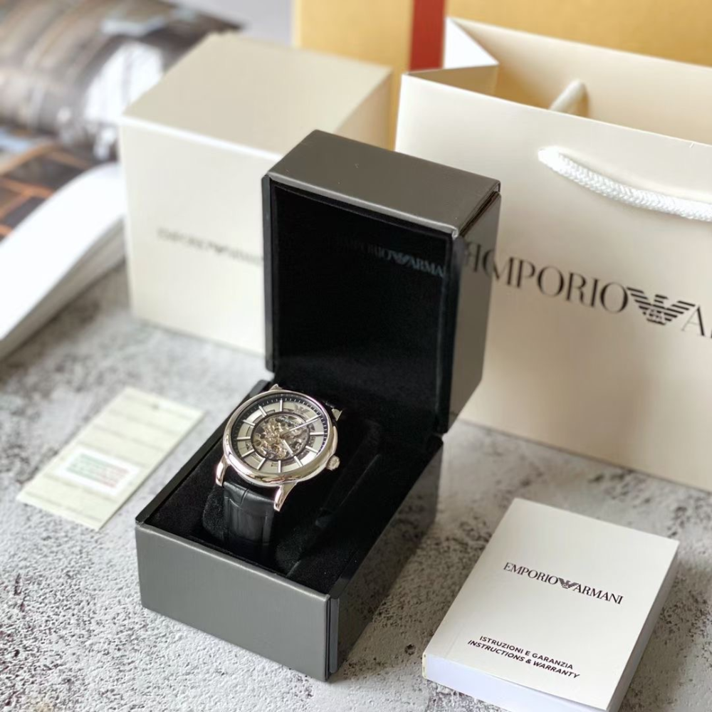 Armani手錶 亞曼尼手錶男生 AR1981銀色鏤空透視機械錶 全自動機械男錶 商務休閒皮帶錶 大直徑時尚男生腕錶-細節圖4