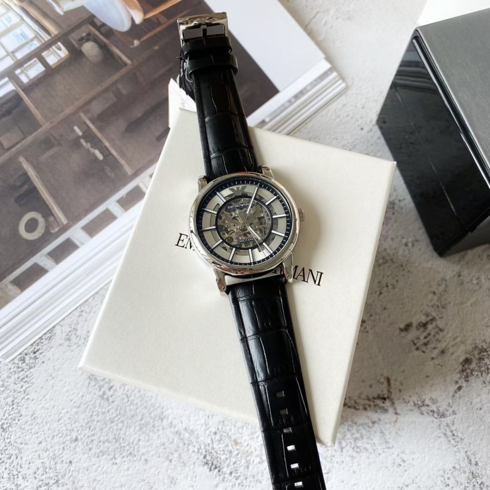 Armani手錶 亞曼尼手錶男生 AR1981銀色鏤空透視機械錶 全自動機械男錶 商務休閒皮帶錶 大直徑時尚男生腕錶-細節圖6