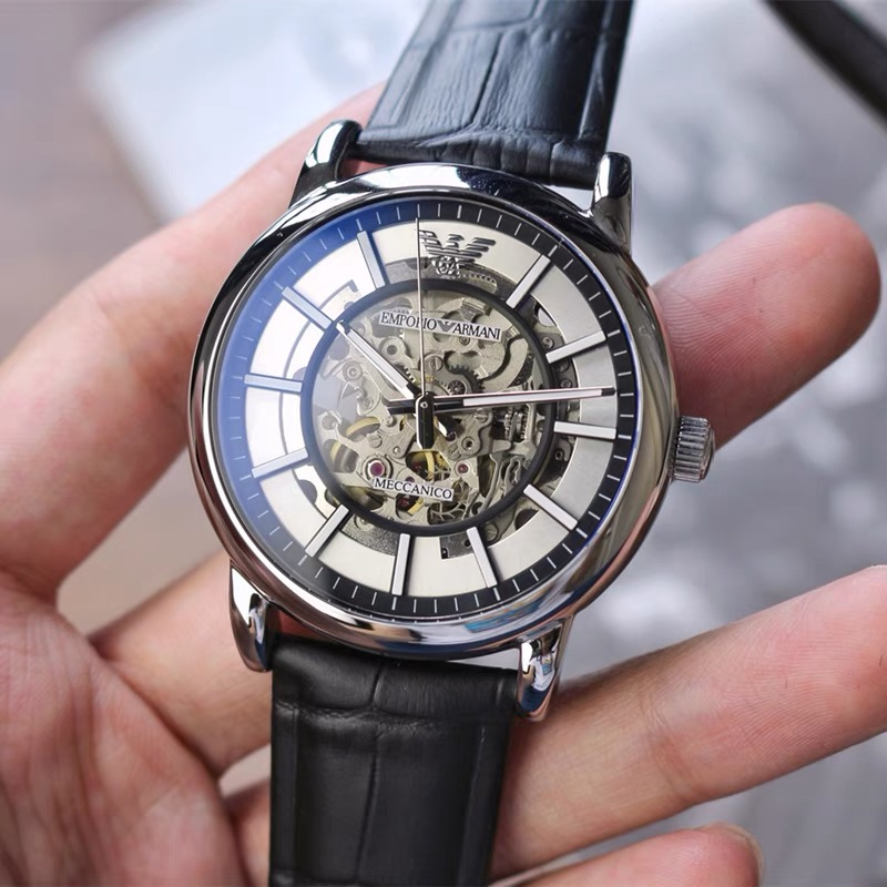 Armani手錶 亞曼尼手錶男生 AR1981銀色鏤空透視機械錶 全自動機械男錶 商務休閒皮帶錶 大直徑時尚男生腕錶-細節圖8