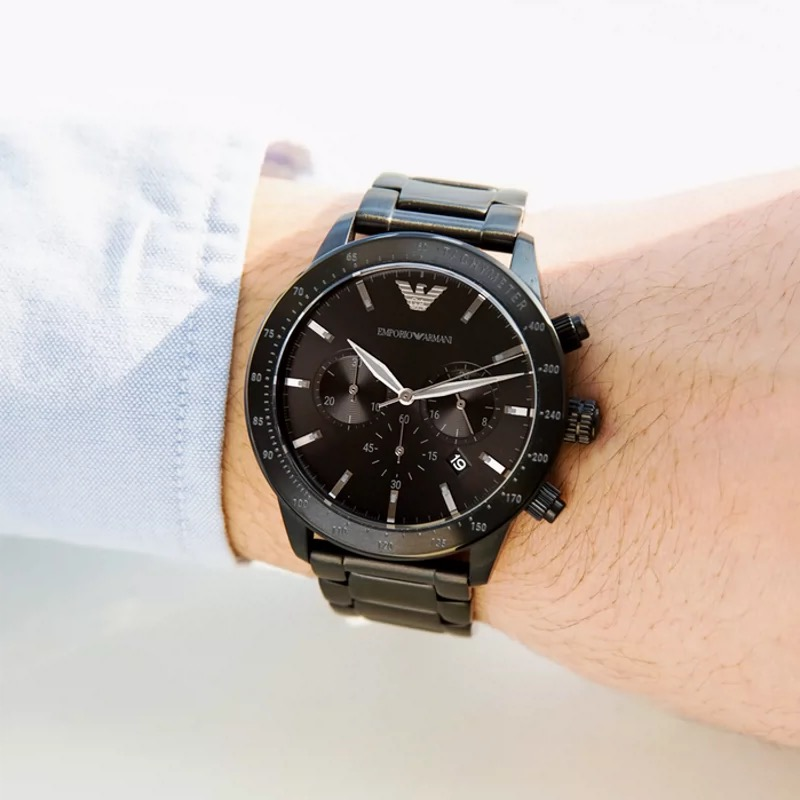 Armani錶 亞曼尼手錶 黑武士黑色鋼鏈錶 三眼計時日曆防水石英錶 商務時尚潮流男錶 休閒男生腕錶AR11242 11-細節圖5