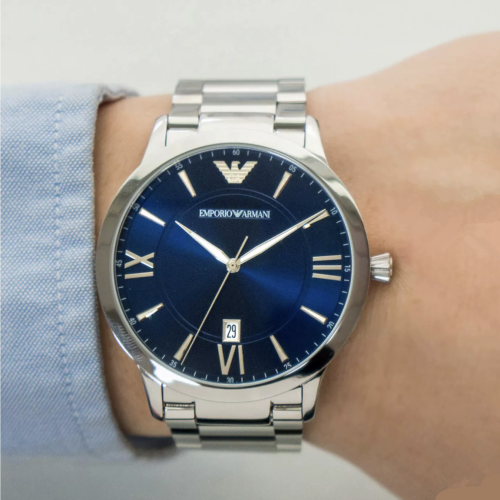 Armani手錶男生 亞曼尼男士石英錶 銀色藍面鋼鏈錶 大直徑超薄休閒時尚男錶 防水日曆男士腕錶 商務男錶AR11227
