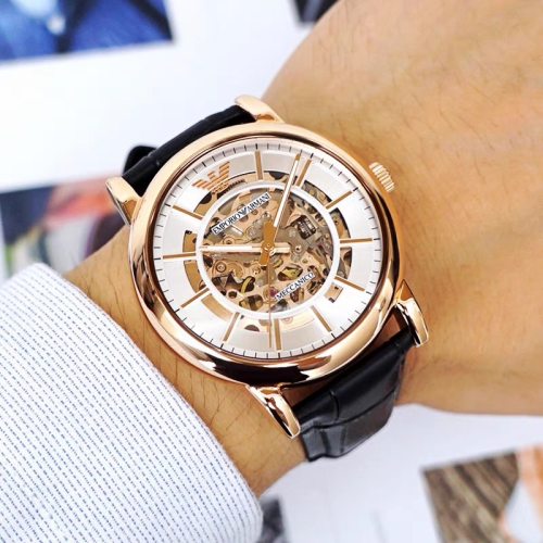 Armani手錶 亞曼尼機械錶 男士鏤空透底全自動機械男錶 商務休閒皮帶錶 時尚潮流百搭男生腕錶AR60007
