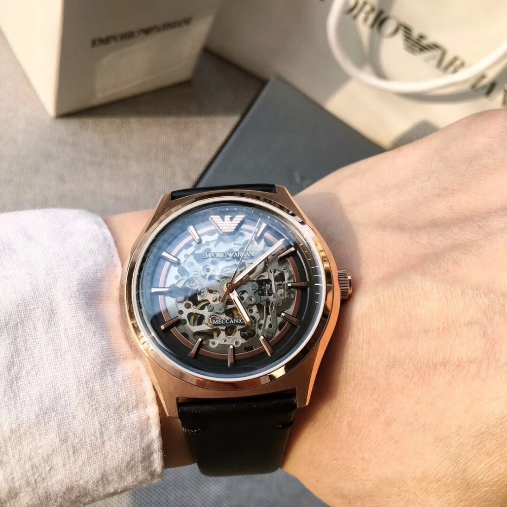 ARMANI手錶男生 新品阿瑪尼機械錶 AR60004全自動機械錶 時尚潮流鏤空透底男錶 商務休閒皮帶錶 通勤百搭腕錶-細節圖2