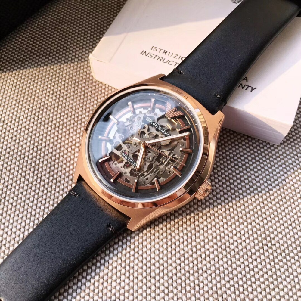 ARMANI手錶男生 新品阿瑪尼機械錶 AR60004全自動機械錶 時尚潮流鏤空透底男錶 商務休閒皮帶錶 通勤百搭腕錶-細節圖4