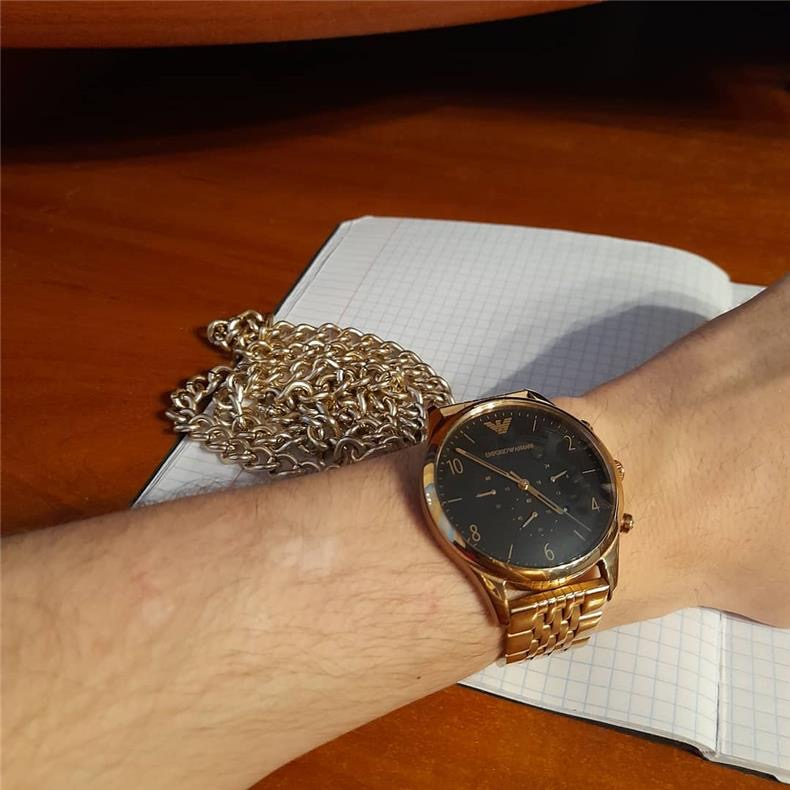 Armani手錶 金色黑面鋼鏈錶 三眼計時日曆多功能男士腕錶 時尚潮流男錶 大直徑防水金錶男 亞曼尼石英男錶AR1893-細節圖4