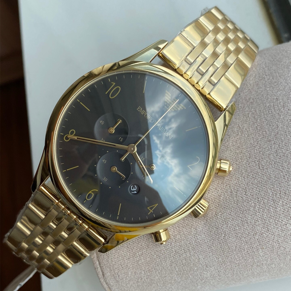 Armani手錶 金色黑面鋼鏈錶 三眼計時日曆多功能男士腕錶 時尚潮流男錶 大直徑防水金錶男 亞曼尼石英男錶AR1893-細節圖6