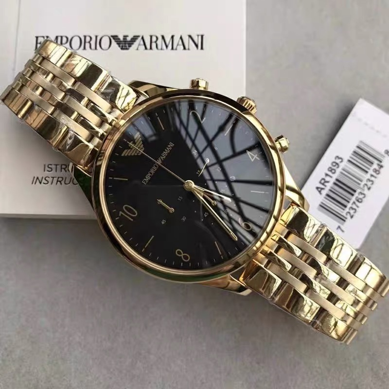 Armani手錶 金色黑面鋼鏈錶 三眼計時日曆多功能男士腕錶 時尚潮流男錶 大直徑防水金錶男 亞曼尼石英男錶AR1893-細節圖8