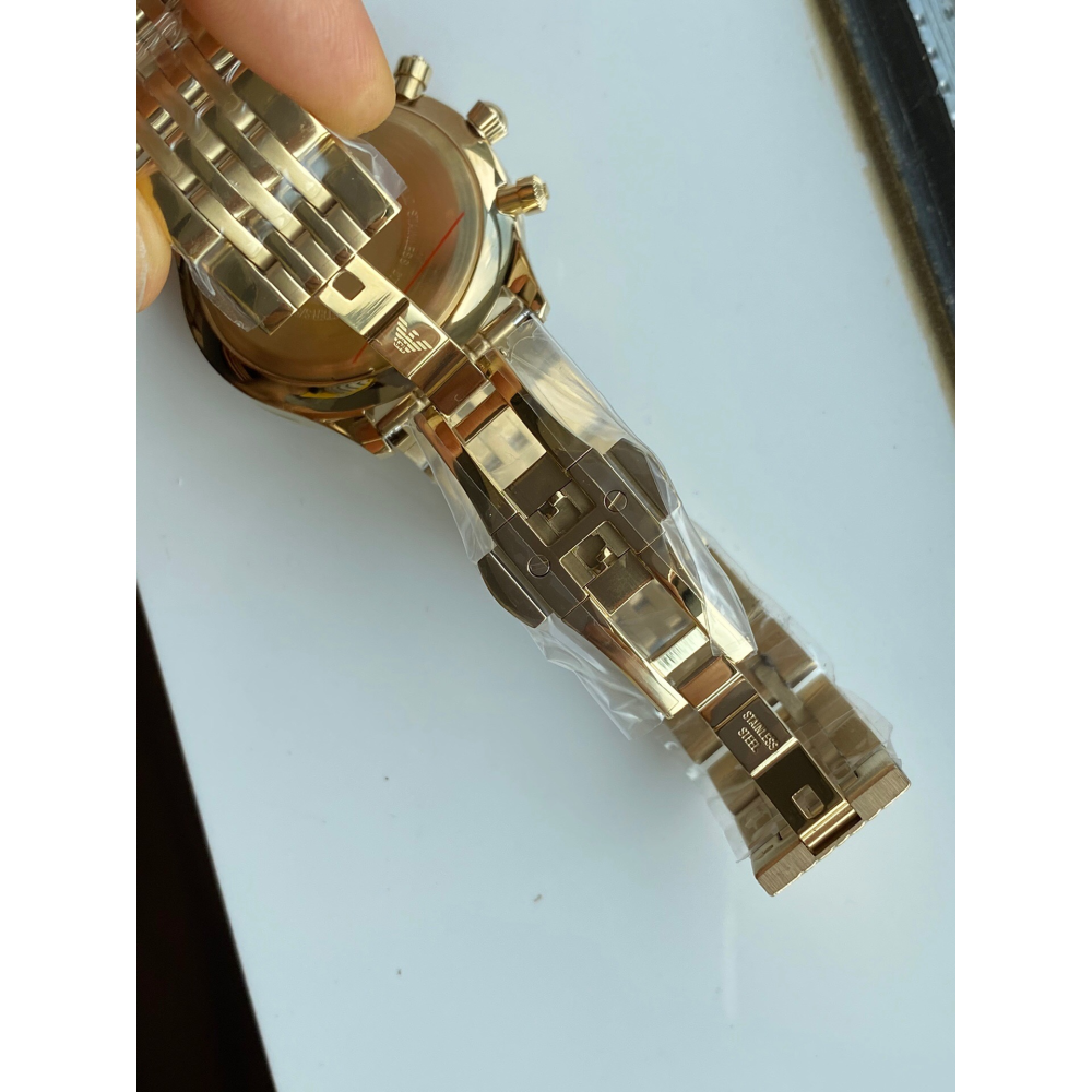 Armani手錶 金色黑面鋼鏈錶 三眼計時日曆多功能男士腕錶 時尚潮流男錶 大直徑防水金錶男 亞曼尼石英男錶AR1893-細節圖11