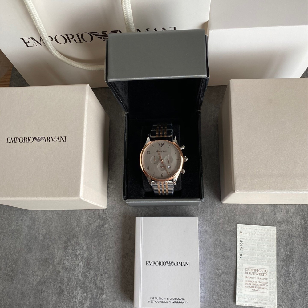 ARMANI手錶男 亞曼尼手錶 男生時尚腕錶 三眼計時潮流石英錶 商務通勤男士手錶 灰色鋼鏈錶AR1864-細節圖2