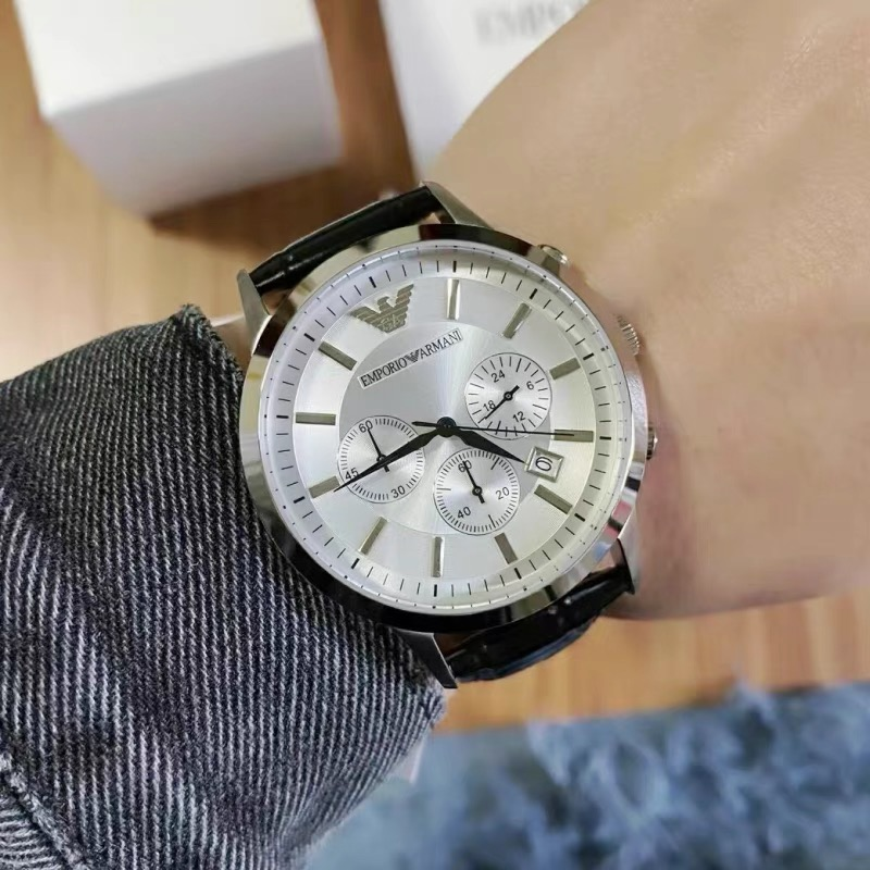 Armani手錶 亞曼尼手錶男生 簡約時尚三眼計時日曆男士手錶 商務休閒皮帶石英錶 學生手錶男AR2432-細節圖3