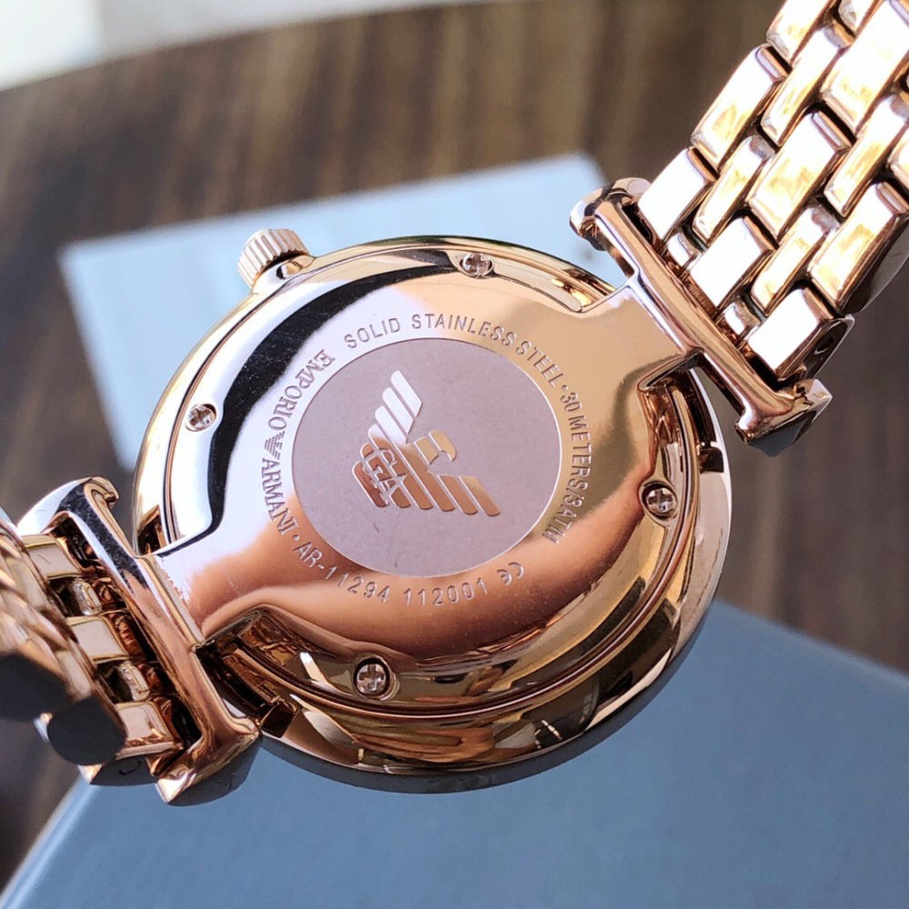 ARMANI手錶 亞曼尼手錶女生 鑲鑽時尚玫瑰金色鋼鏈錶 貝母面石英錶 商務休閒女生腕錶 氣質百搭女錶AR11294-細節圖9