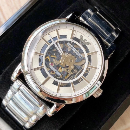 ARMANI手錶 AR60006全自動機械錶 亞曼尼手錶男生 時尚鏤空透底銀色鋼鏈錶 大直徑防水男錶 商務休閒男生機械錶
