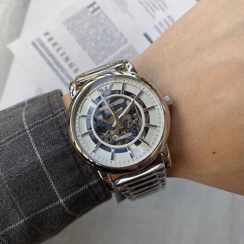 ARMANI手錶 AR60006全自動機械錶 亞曼尼手錶男生 時尚鏤空透底銀色鋼鏈錶 大直徑防水男錶 商務休閒男生機械錶-細節圖2