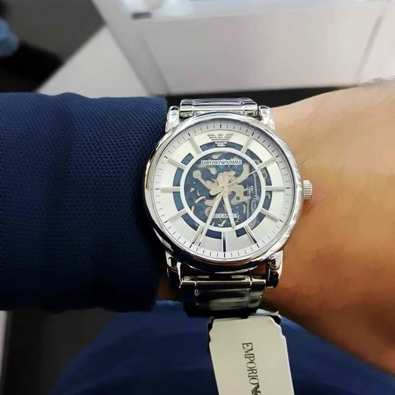 ARMANI手錶 AR60006全自動機械錶 亞曼尼手錶男生 時尚鏤空透底銀色鋼鏈錶 大直徑防水男錶 商務休閒男生機械錶-細節圖3