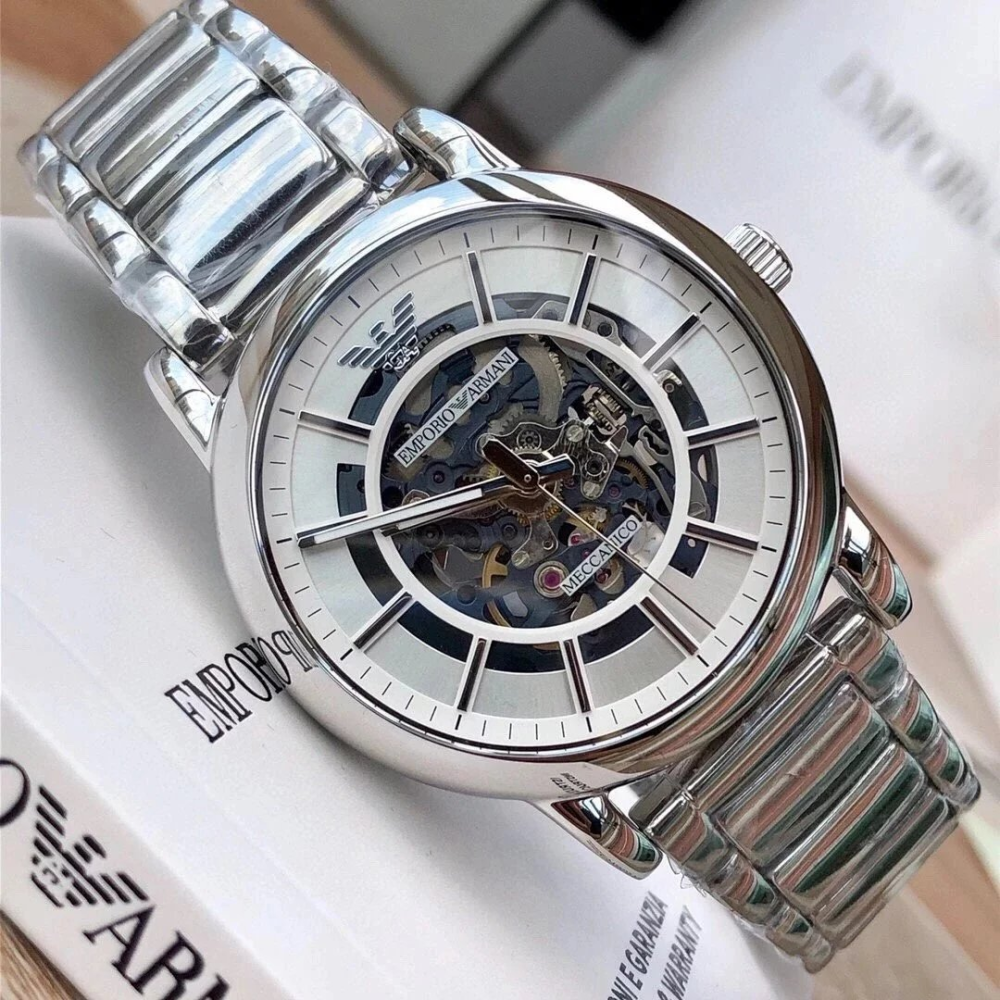 ARMANI手錶 AR60006全自動機械錶 亞曼尼手錶男生 時尚鏤空透底銀色鋼鏈錶 大直徑防水男錶 商務休閒男生機械錶-細節圖5