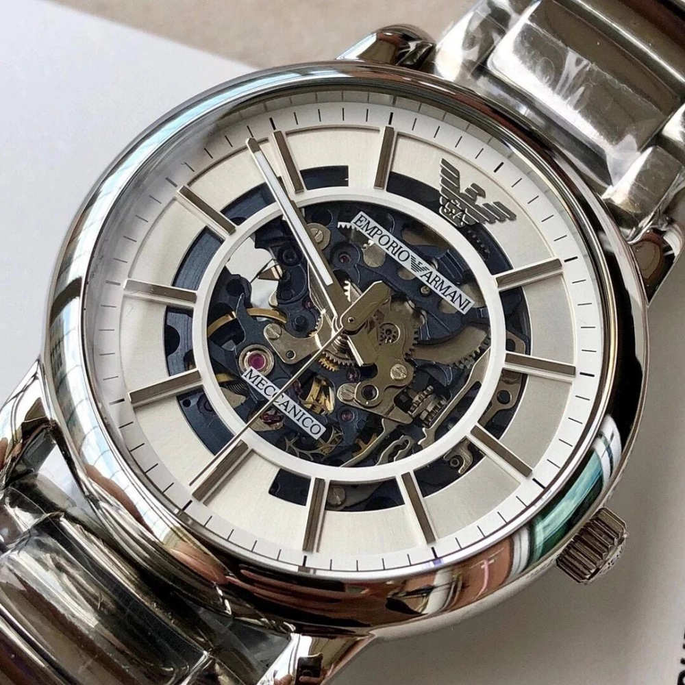 ARMANI手錶 AR60006全自動機械錶 亞曼尼手錶男生 時尚鏤空透底銀色鋼鏈錶 大直徑防水男錶 商務休閒男生機械錶-細節圖7