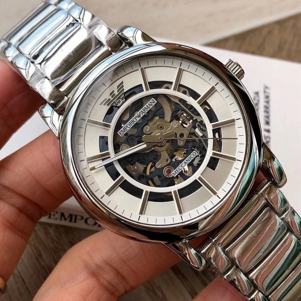 ARMANI手錶 AR60006全自動機械錶 亞曼尼手錶男生 時尚鏤空透底銀色鋼鏈錶 大直徑防水男錶 商務休閒男生機械錶-細節圖8