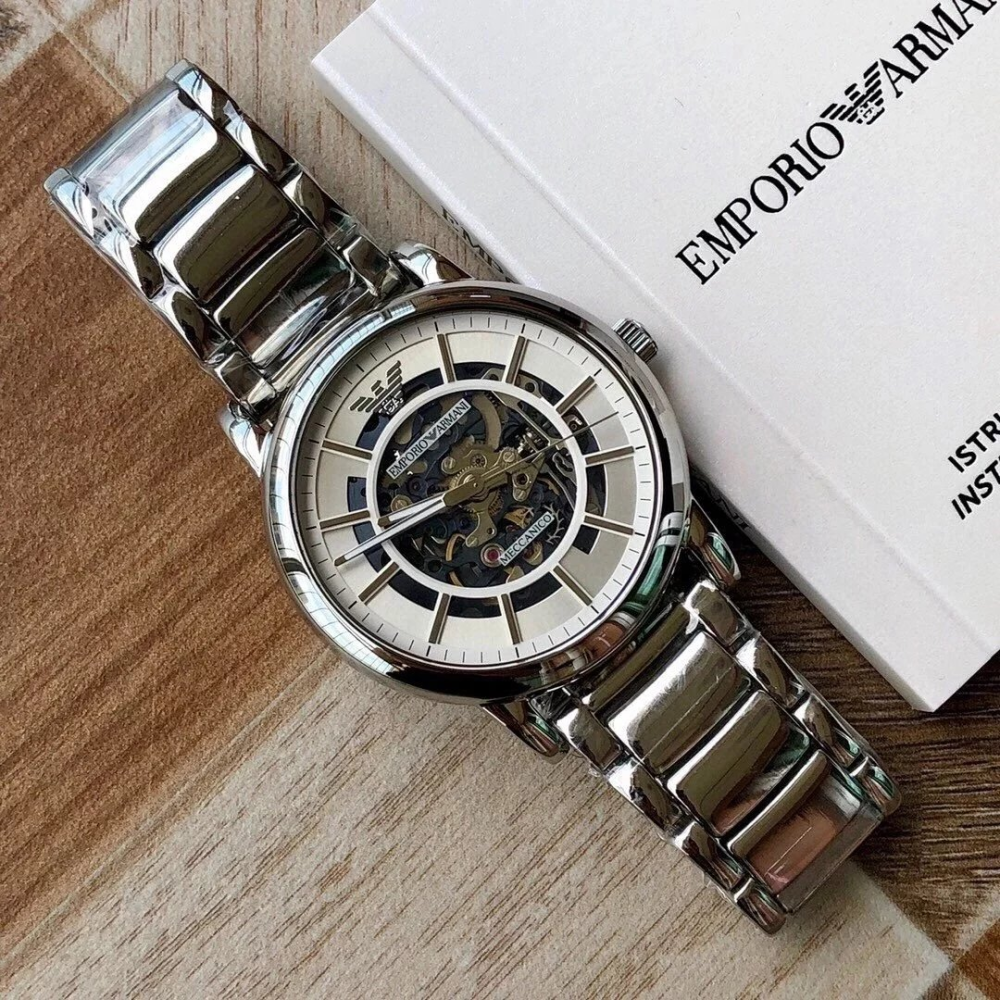ARMANI手錶 AR60006全自動機械錶 亞曼尼手錶男生 時尚鏤空透底銀色鋼鏈錶 大直徑防水男錶 商務休閒男生機械錶-細節圖9
