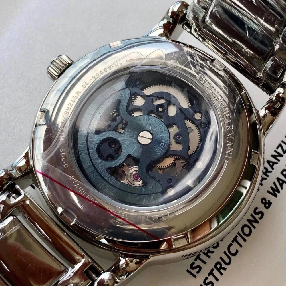 ARMANI手錶 AR60006全自動機械錶 亞曼尼手錶男生 時尚鏤空透底銀色鋼鏈錶 大直徑防水男錶 商務休閒男生機械錶-細節圖10