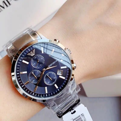 Armani手錶男生 亞曼尼手錶 商務通勤三眼計時日曆男錶 銀色藍面鋼鏈錶 防水男生腕錶 時尚潮流石英錶AR11164