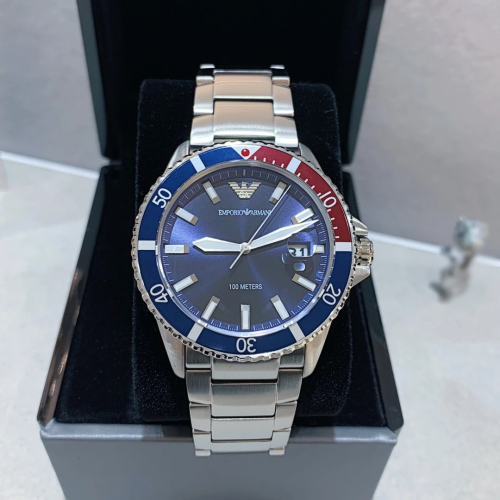 Armani手錶 亞曼尼手錶男生 新品藍水鬼石英錶 潛水系列鋼鏈錶 時尚潮流日曆防水男錶 學生手錶AR11339