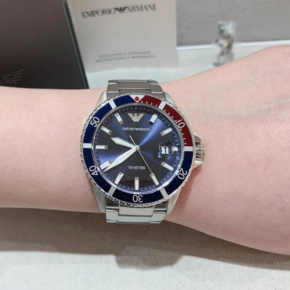 Armani手錶 亞曼尼手錶男生 新品藍水鬼石英錶 潛水系列鋼鏈錶 時尚潮流日曆防水男錶 學生手錶AR11339-細節圖2
