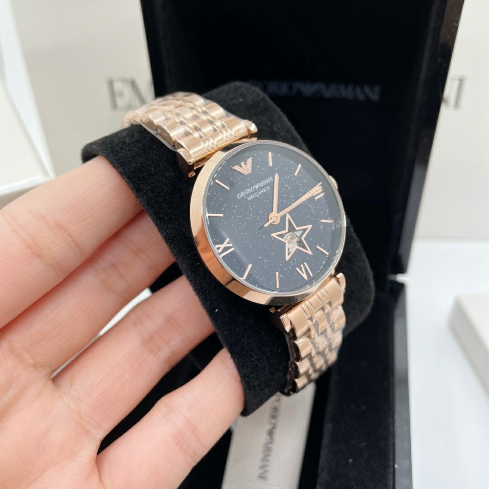 Armani手錶 新品亞曼尼手錶女生 鑲鑽滿天星女生機械錶 通勤時尚女錶 玫瑰金色鋼鏈錶AR60043-細節圖4