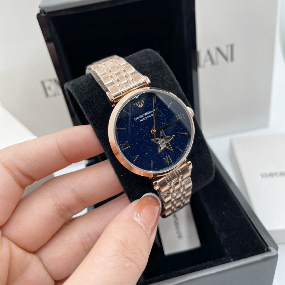 Armani手錶 新品亞曼尼手錶女生 鑲鑽滿天星女生機械錶 通勤時尚女錶 玫瑰金色鋼鏈錶AR60043-細節圖7