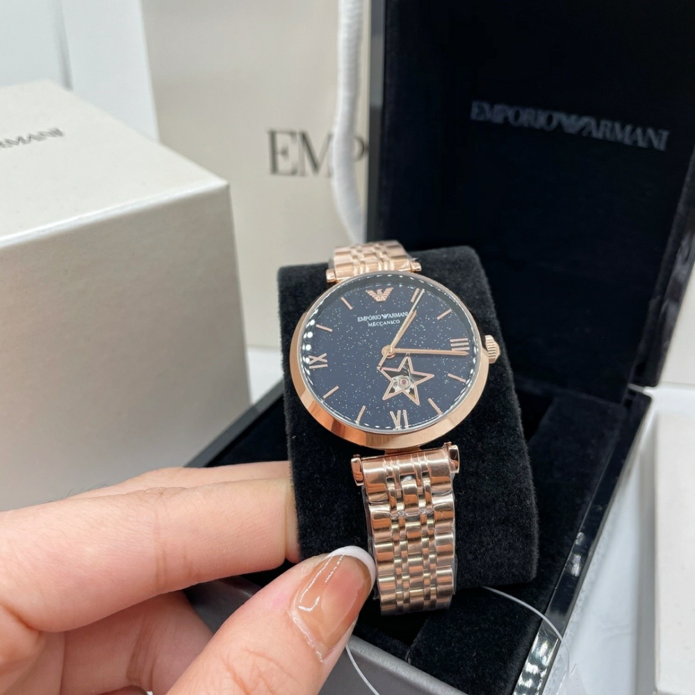 Armani手錶 新品亞曼尼手錶女生 鑲鑽滿天星女生機械錶 通勤時尚女錶 玫瑰金色鋼鏈錶AR60043-細節圖8