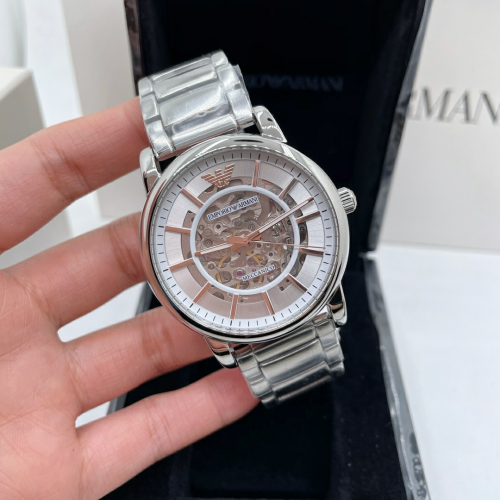 Armani手錶 亞曼尼男士手錶 鏤空全自動機械錶 時尚潮流男生腕錶 商務休閒男錶 休閒百搭銀色鋼鏈錶AR1980
